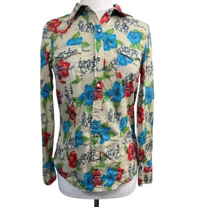 Women's Roper Shirt, S, Beige and Blue Floral